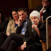 Kaya Mirecka Ploss speaking at Georgetown University at the launch of Jan Karski's wartime memoir Story of a Secret State, republished in 2013 by Georgetown University Press. Next to her is former U.S. Ambassador to the Republic of Poland, Lee Andrew Feinstein. (Photo: Courtesy of Georgetown University's School of Foreign Service)