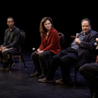 Q&A after the May 14 performance. From the left: David Strathairn who plays Karski; Georgetown students Nyasha Gandawa and Alexandra Bowman; Derek Goldman, the co-writer and director of the play; and Jacek Nowakowski of the United States Holocaust Memorial Museum (Photo: Katerina Vitaly )