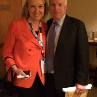 Wanda Urbanska with Senator John McCain, with a copy of Story of a Secret State, just presented to him (Wanda Urbanska)