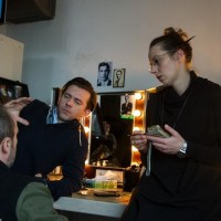Łukasz Simlat (Karski), Piotr Głowacki (Luk) and Anna Maria Buczek (Make-up Artist) (Photo: Wojciech Todorow)