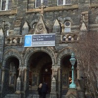 A banner celebrating the Karski's centennial at Healy Hall at Georgetown University (Jane Robbins)
