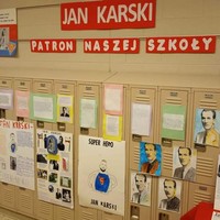 A display of Karski posters at the Jan Karski Polish School in Palos Heights, IL  (Photo: Courtesy of Marek Adamczyk)