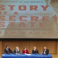 The panel with a backdrop of the book cover