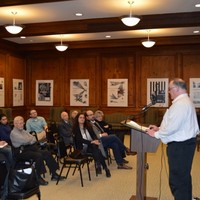 E. Thomas Wood speaking about Karski in the Manhattan College's Alumni Room of O’Malley Library (Photo: Patrick Faccas)