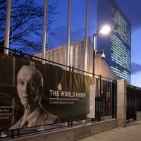 Banners outside the UN signal the exhibt