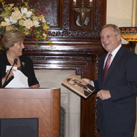 Senator Durbin seems delighted to receive a copy of the Karski Photobiography (Stacey Brazen)