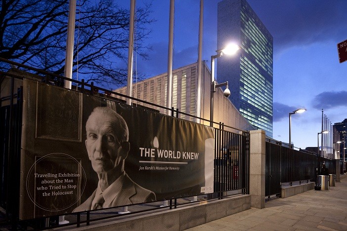 Banners outside the UN signal the exhibt