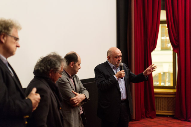 Dariusz Jabloński, producer, Sławomir Grünberg, director, Yevgeny Gindilis, a producer, member of the European Film Academy and Vladimir Posner, narrator (www.snob.ru) (Photo: Egor Slizyak)