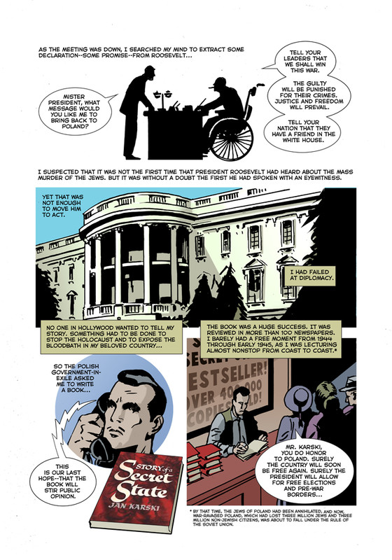 Panel from the graphic novel showing Karski's conversation with President Roosevelt at the White House (Text: Rafael Medoff; Illustrations: Dean Motter)