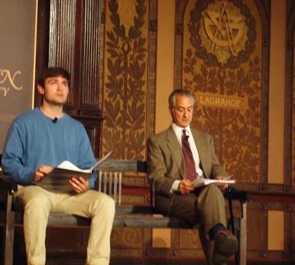 A student actor plays the young Karski with David Strathairn as the older Karski (photo: Gerry Chiaruttini)