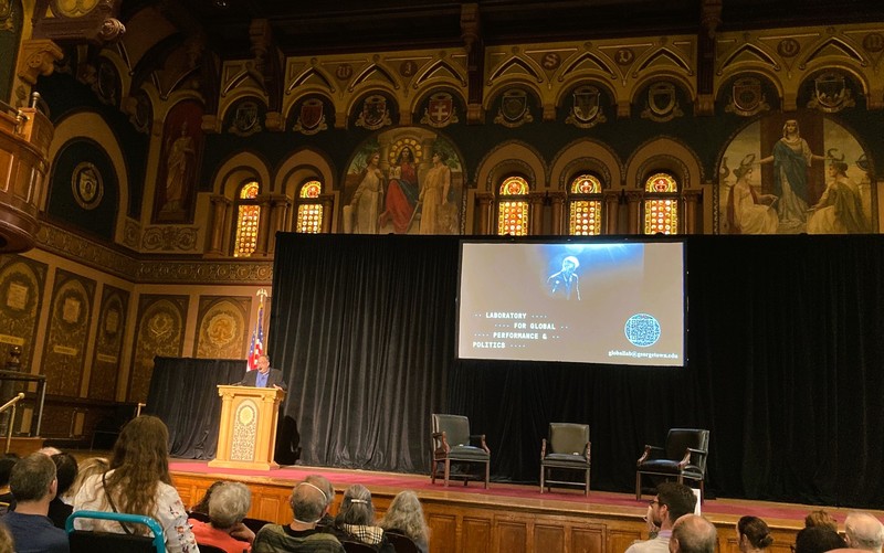 Derek Goldman, the Artistic and Executive Director and Co-founder of the Laboratory for Global Performance and Politics at Georgetown University speaking at the Karski Event at the Gaston Hall on April 11 (Photo: Bożena U. Zaremba)